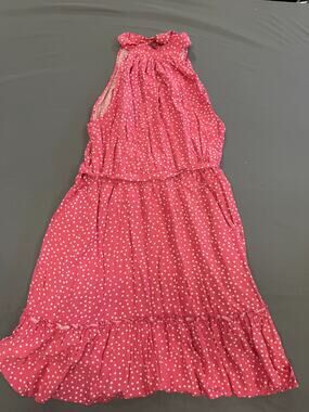 WOMAN POLKA DOT BOW MIDI DRESS PINK / WHITE TIE POCKETS SUMMER XL